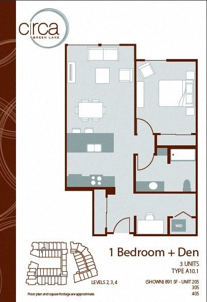Floor plan for 1 bed, 1 bath, 891 sqft